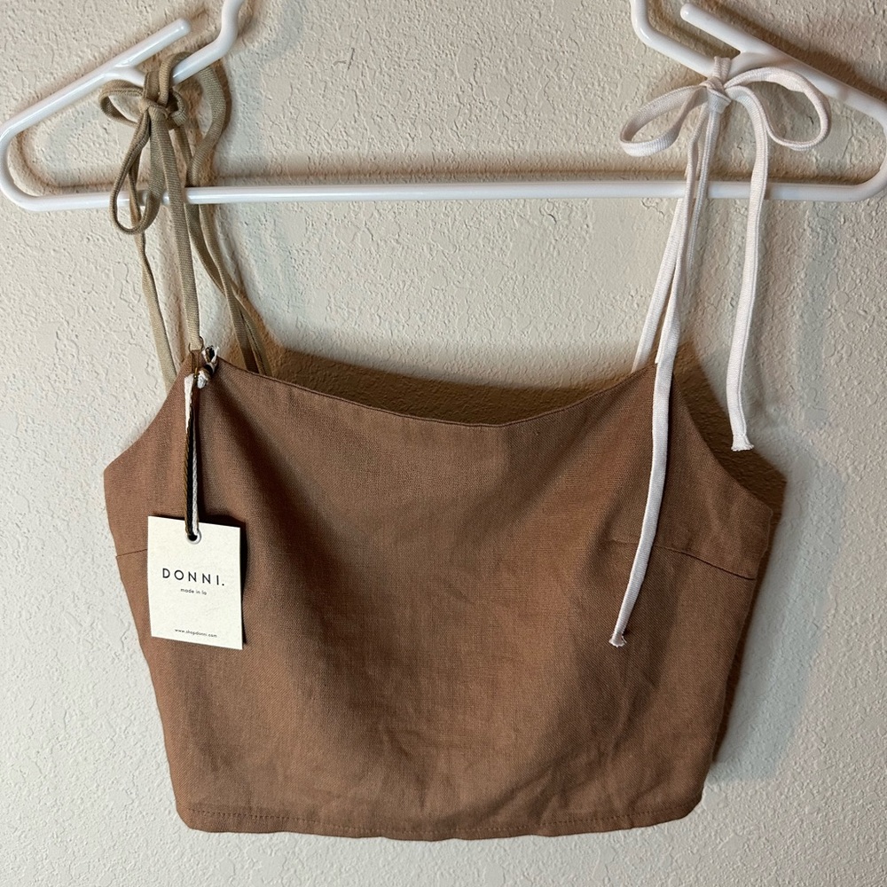 DONNI. linen crop top with tie detail sz S NWT